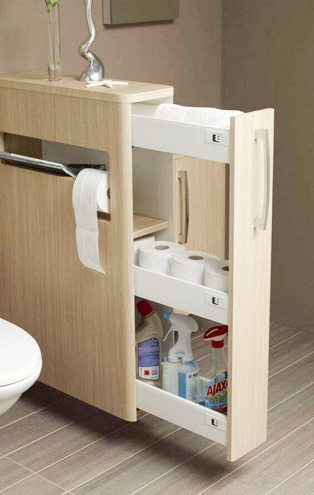Тумба для туалета с тремя выдвижными ящиками, в которых и моющие средства, и туалетная бумага, и полотенце