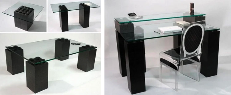Журнальные столы в стиле Лего простой конструкции: столешница из стекла, которая опирается на основания - кирпичики Лего